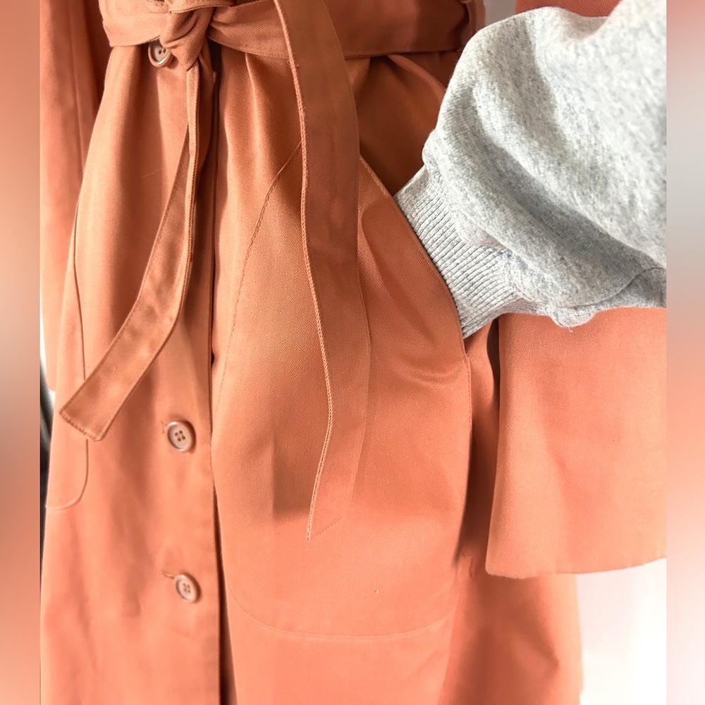 VINTAGE PBD INTERNATIONAL 90s Rust Belted Trench Coat Dress Parisian Retro Small - Picture 10 of 13